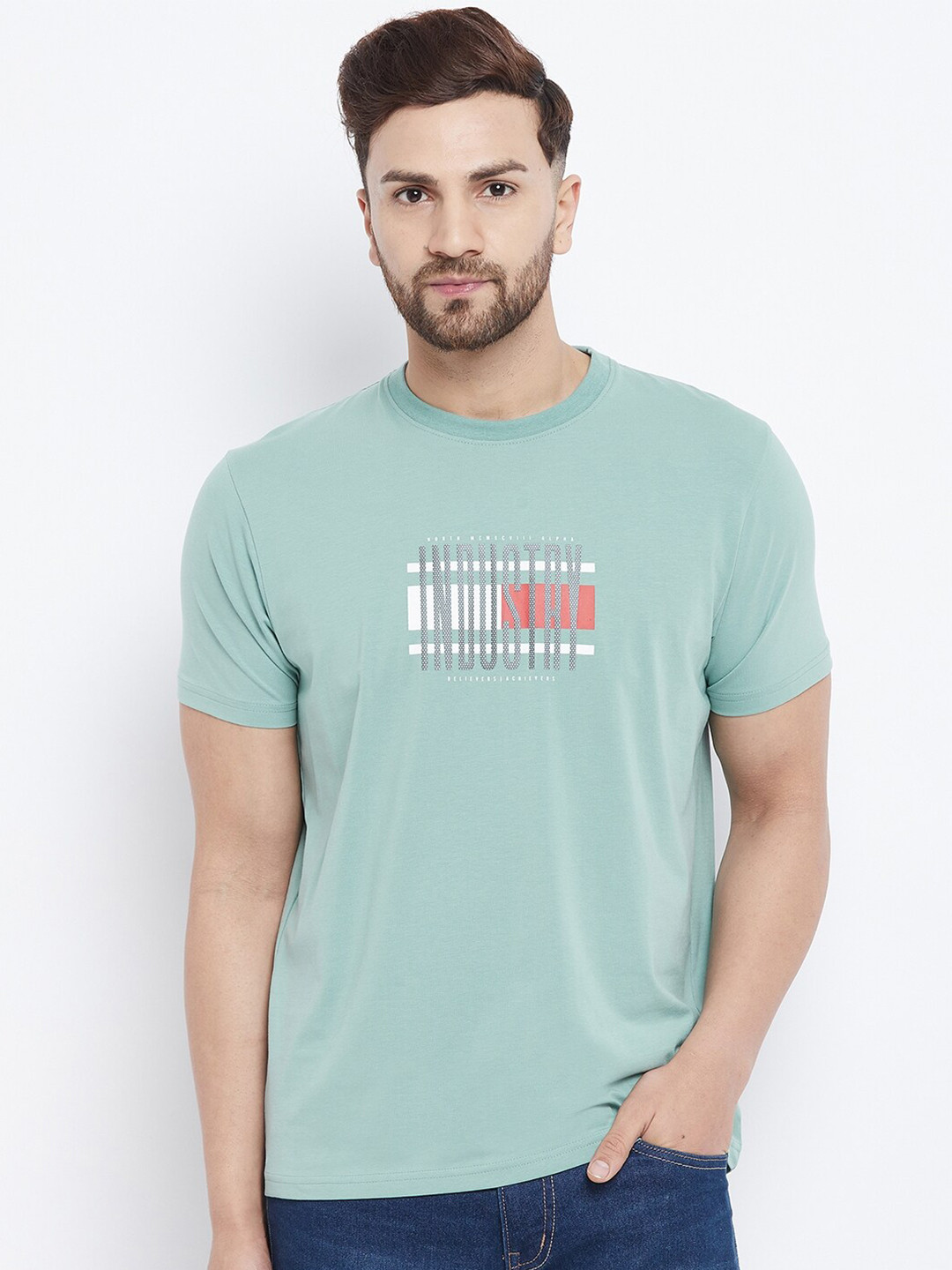 

98 Degree North Men Blue Typography Printed Cotton T-shirt