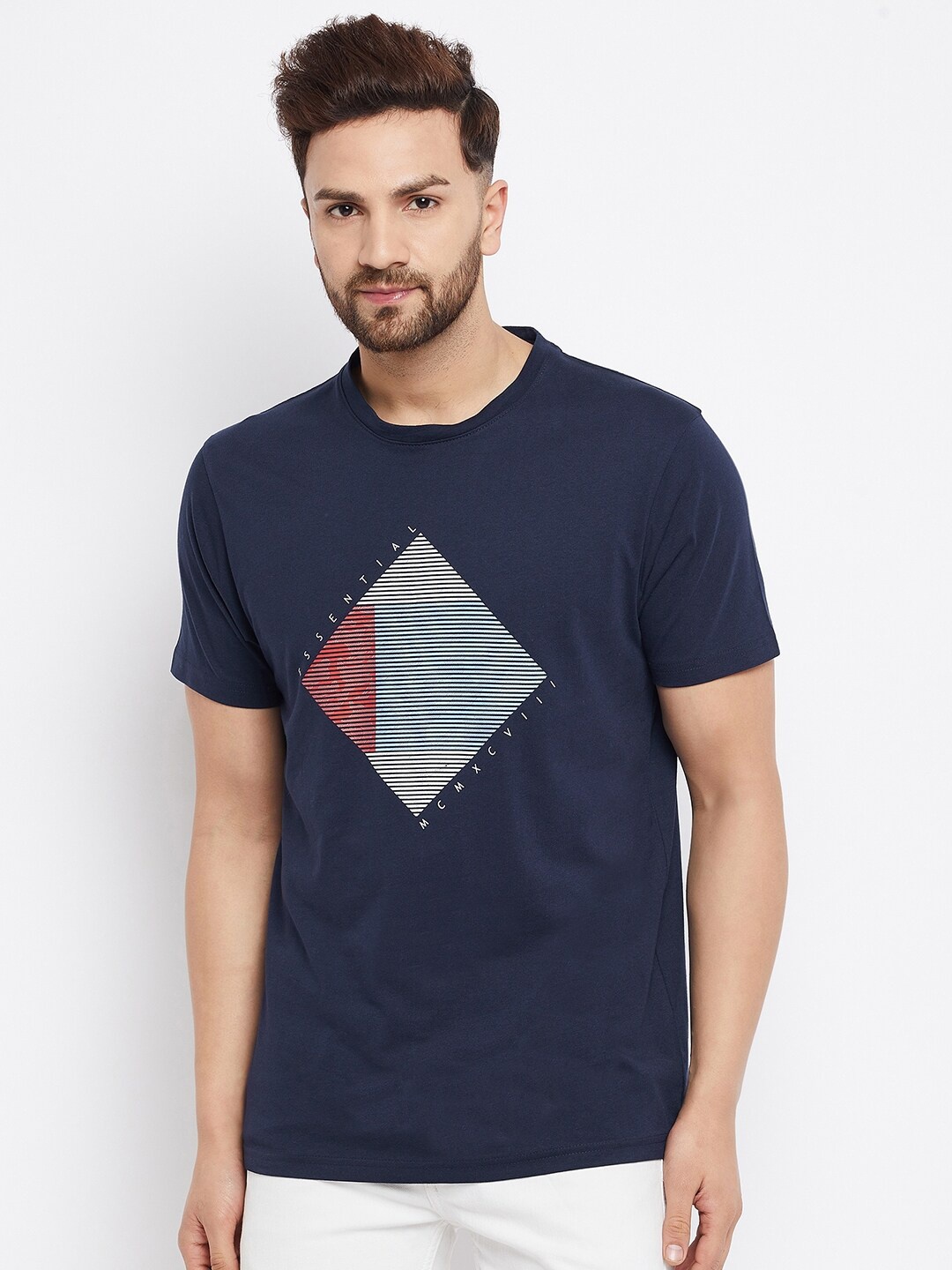 

98 Degree North Men Navy Blue & Off White Printed T-shirt