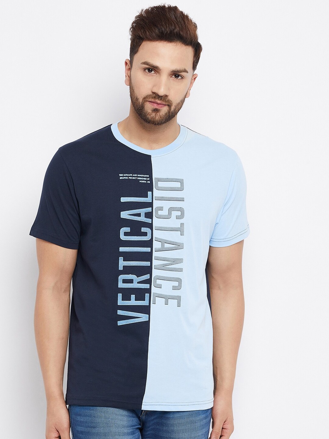 

98 Degree North Men Navy Blue & Blue Typography Printed T-shirt