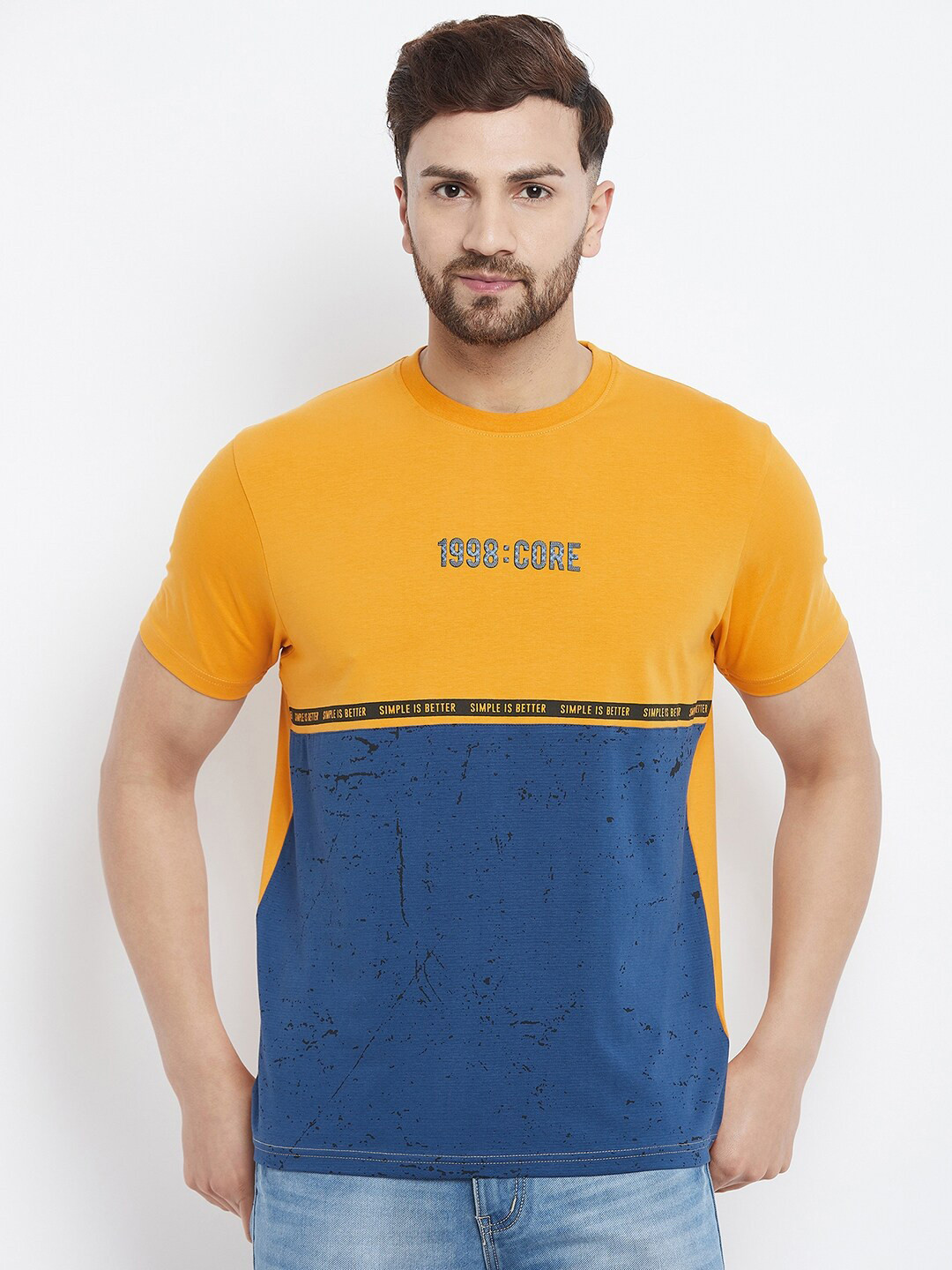 

98 Degree North Men Mustard Yellow & Blue Colorblocked Cotton T-shirt