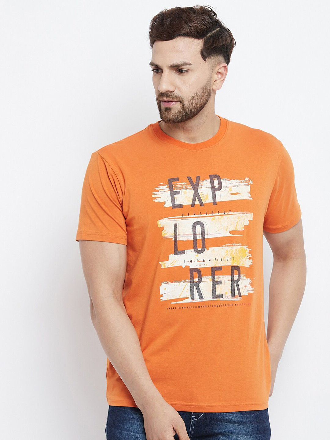 

98 Degree North Men Orange & Black Typography Printed T-shirt