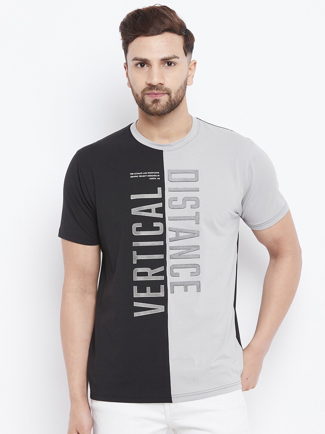 

98 Degree North Men Black & Grey Typography Printed Cotton T-shirt