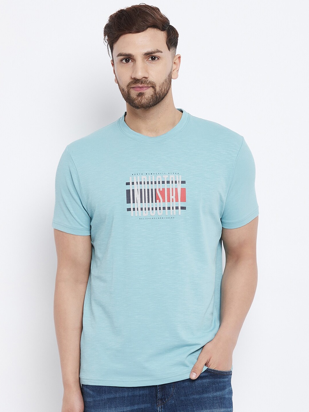 

98 Degree North Men Sea Green Typography Printed T-shirt
