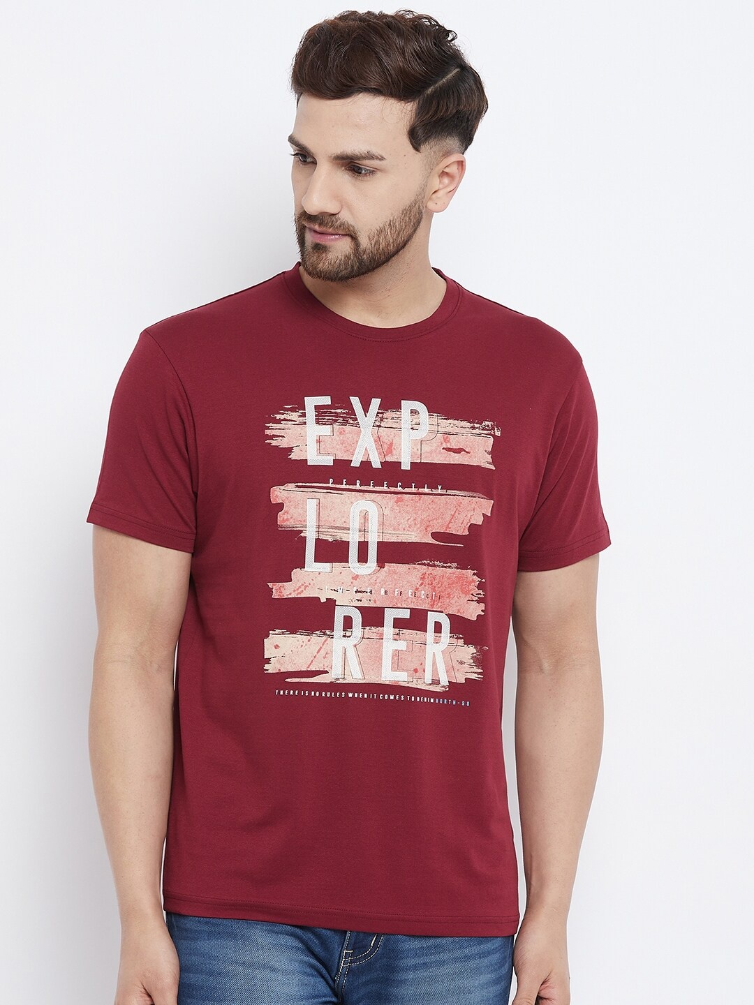

98 Degree North Men Wine Red Typography Printed Cotton T-shirt