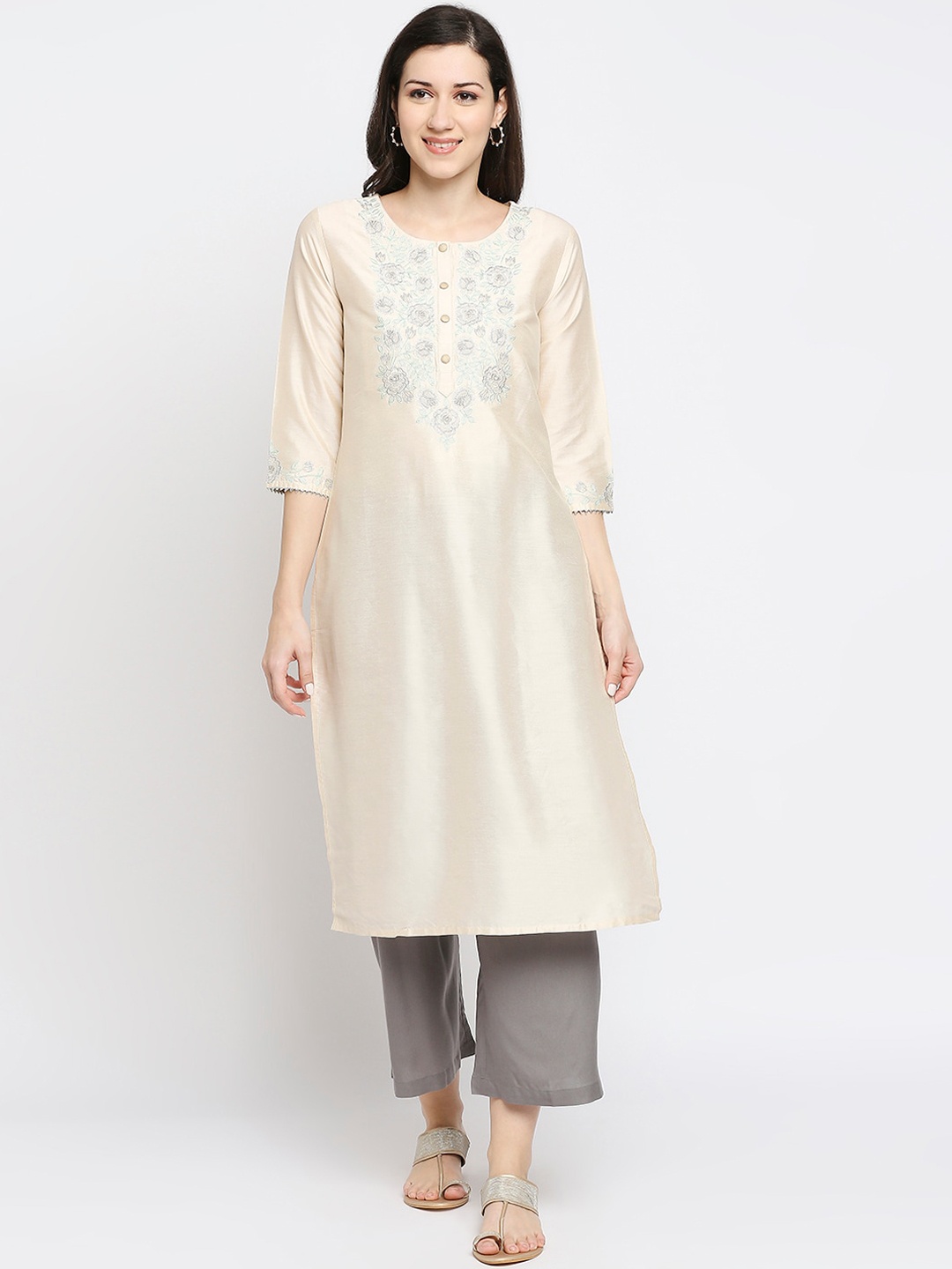 

Ethnicity Women Beige & Grey Floral Yoke Design Kurta
