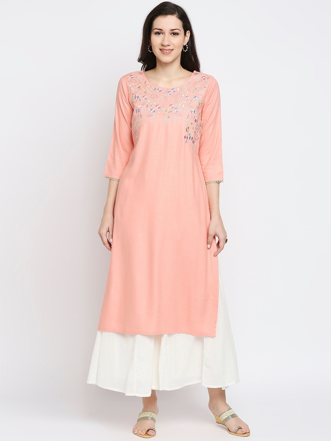 

Ethnicity Women Peach-Ethnic Motifs Yoke Design Embroidered Kurta