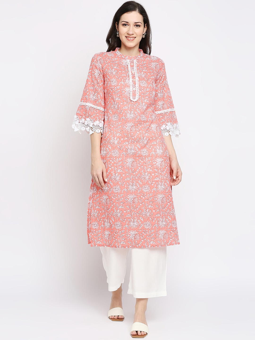 

Ethnicity Women Peach-Coloured Ethnic Motifs Embroidered Thread Work Kurta