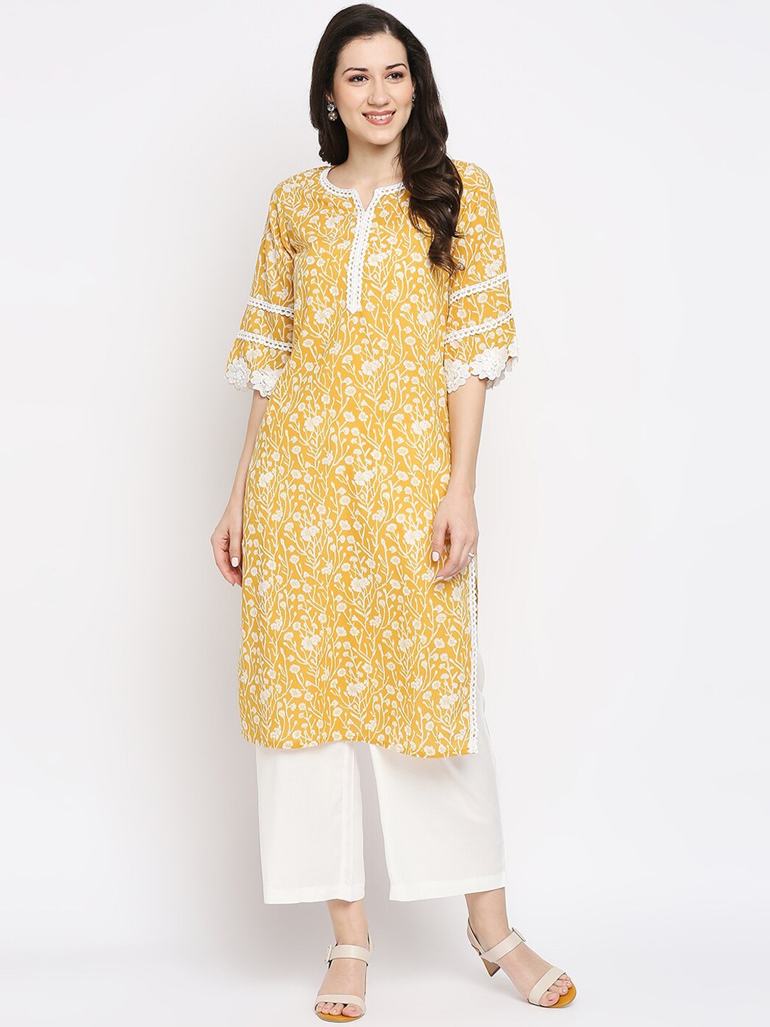

Ethnicity Women Mustard Yellow Floral Printed Pure Cotton Thread Work Kurta