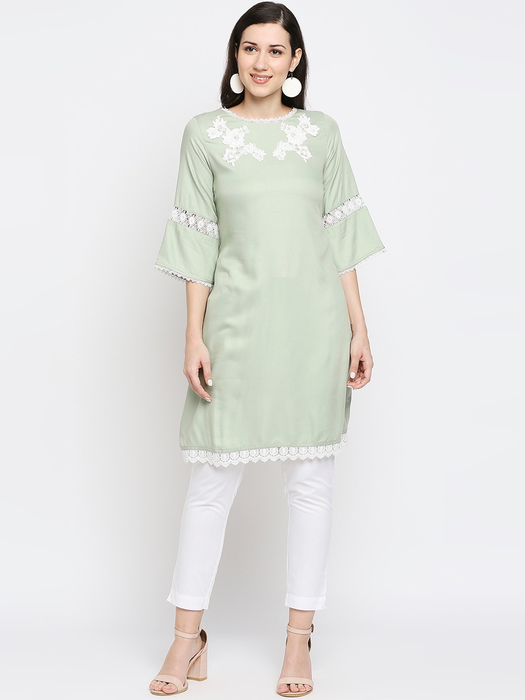 

Ethnicity Women Sage Green Embroidered Straight Kurta