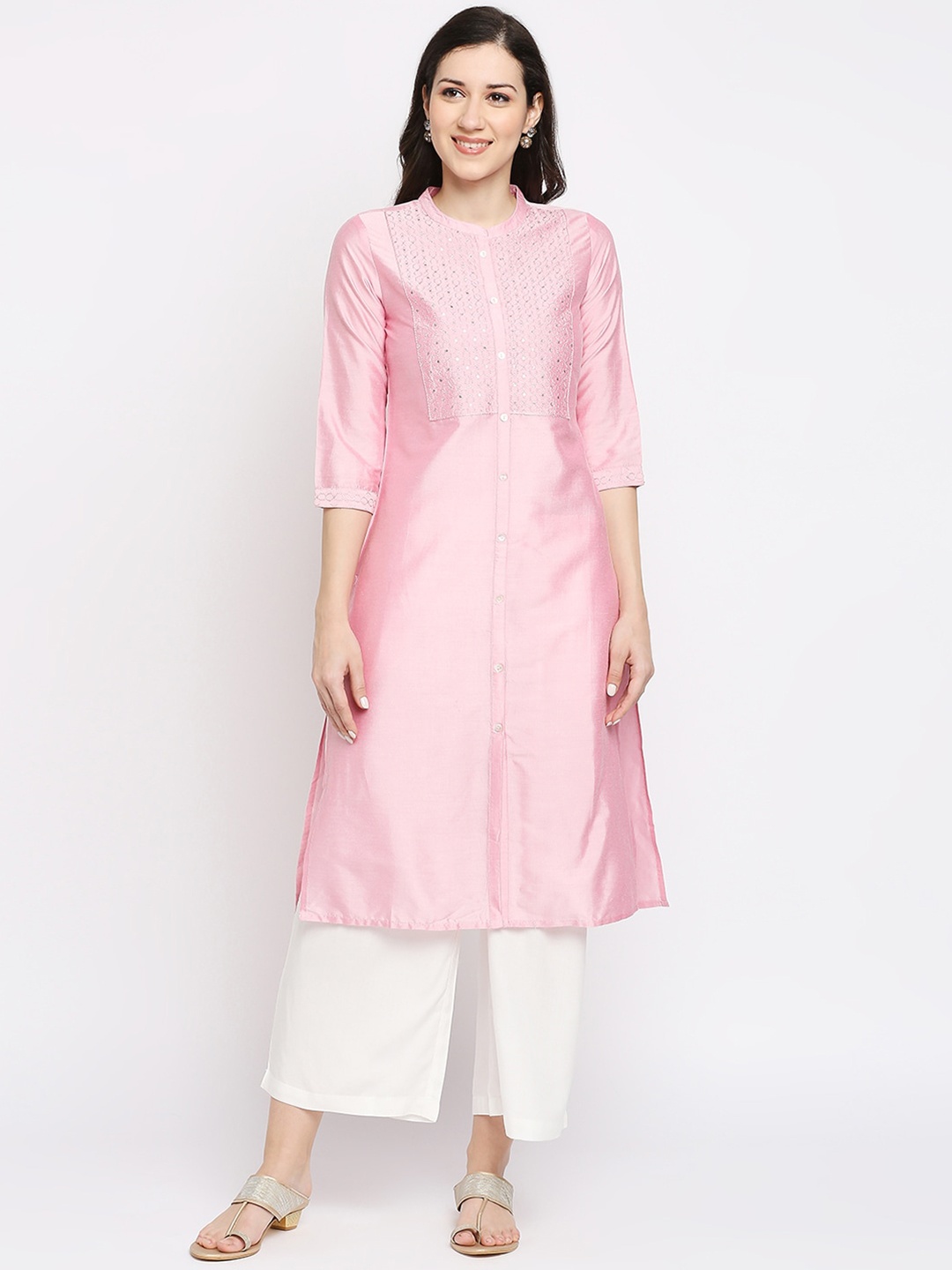 

Ethnicity Women Pink Geometric Embroidered Kurta