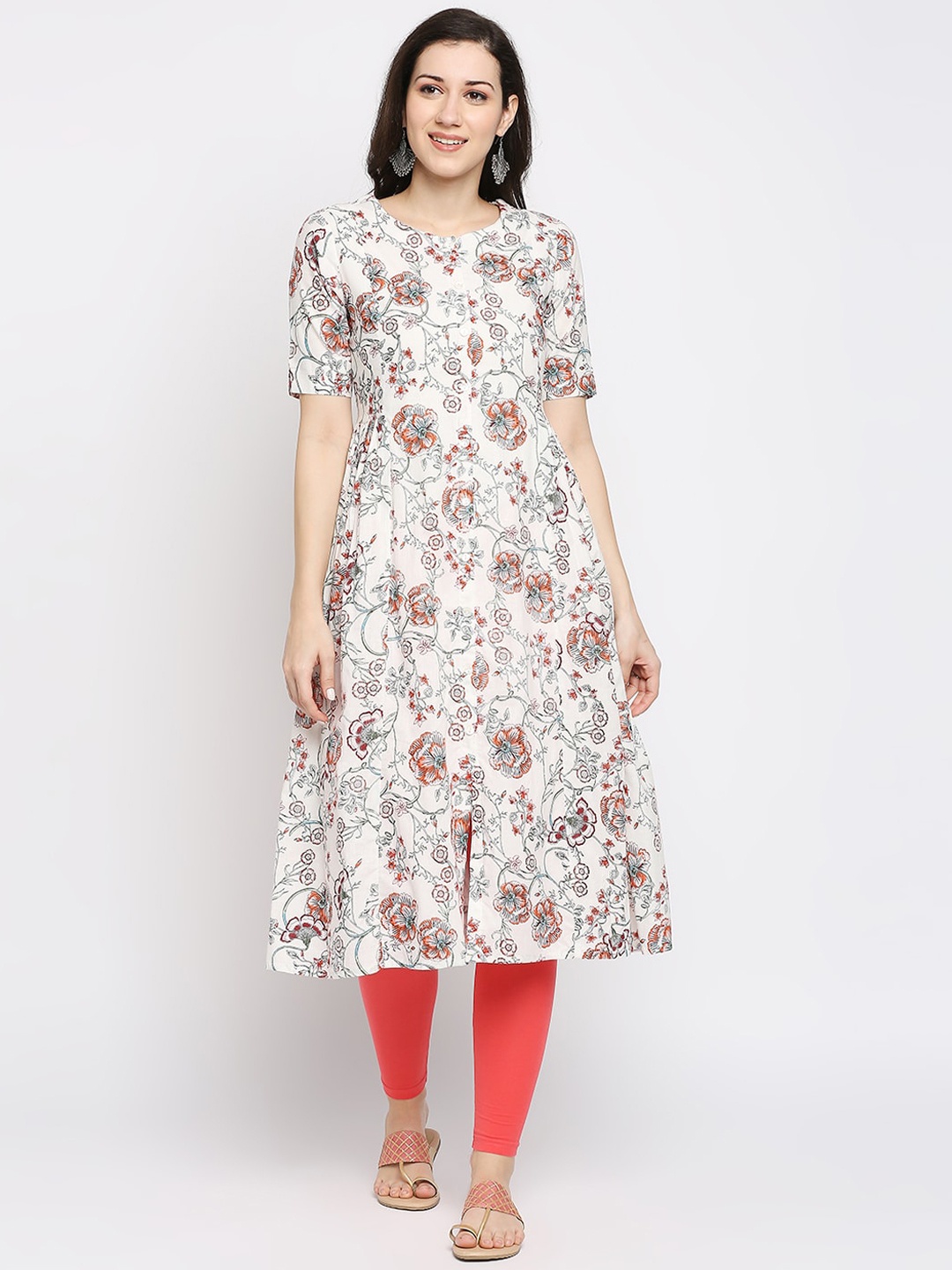 

Ethnicity Women Off White Floral Printed A-Line Kurta