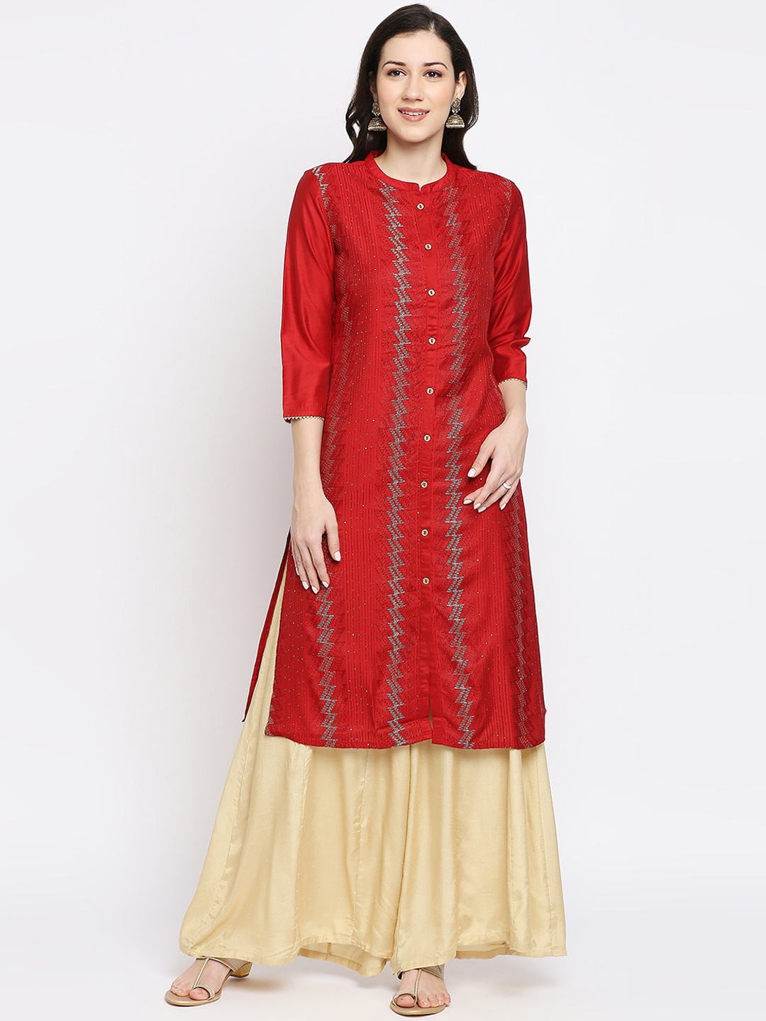 

Ethnicity Women Red & White Geometric Embroidered Kurta