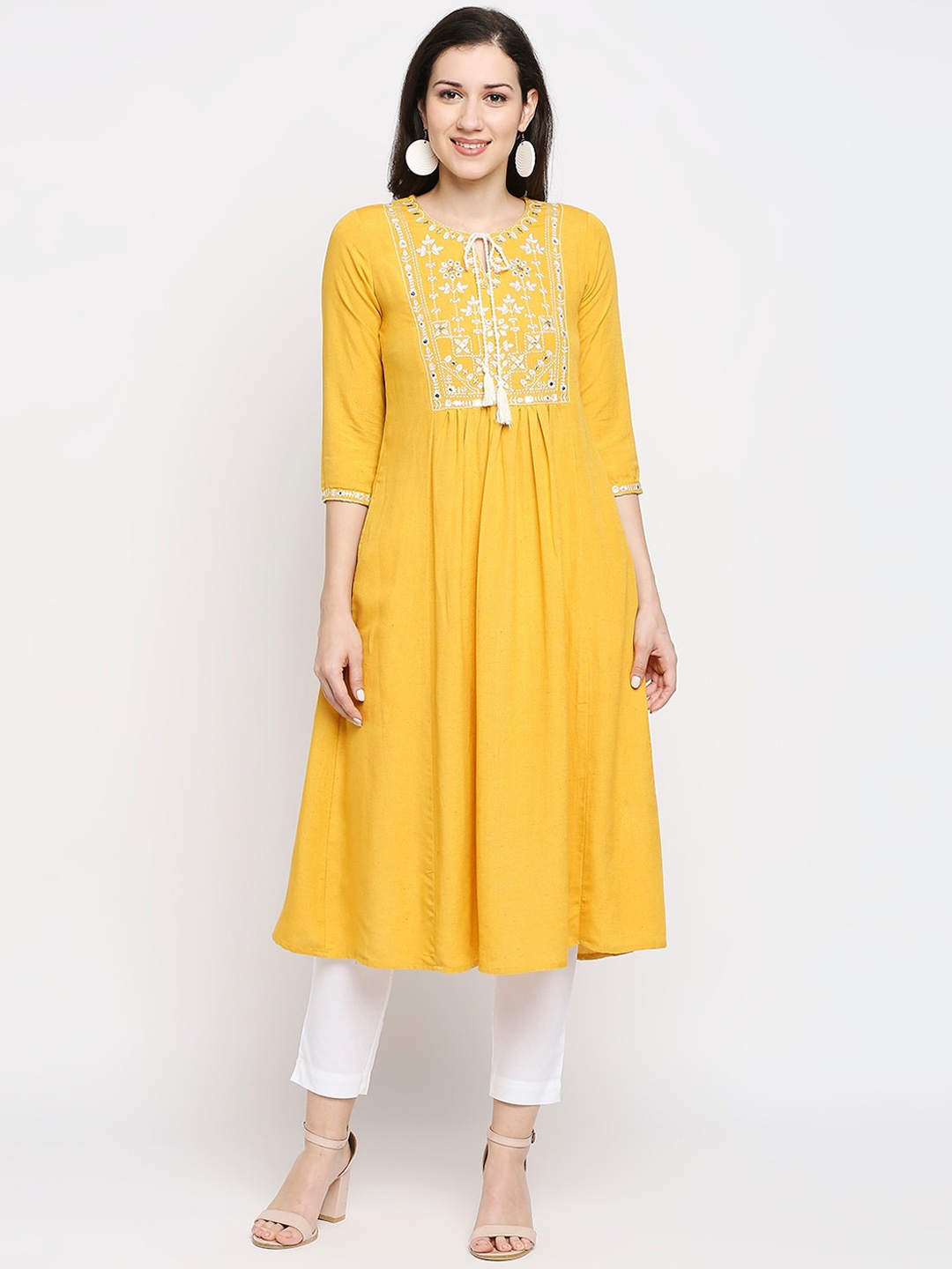 

Ethnicity Women Mustard Yellow Yoke Design Embroidered Thread Work Kurta