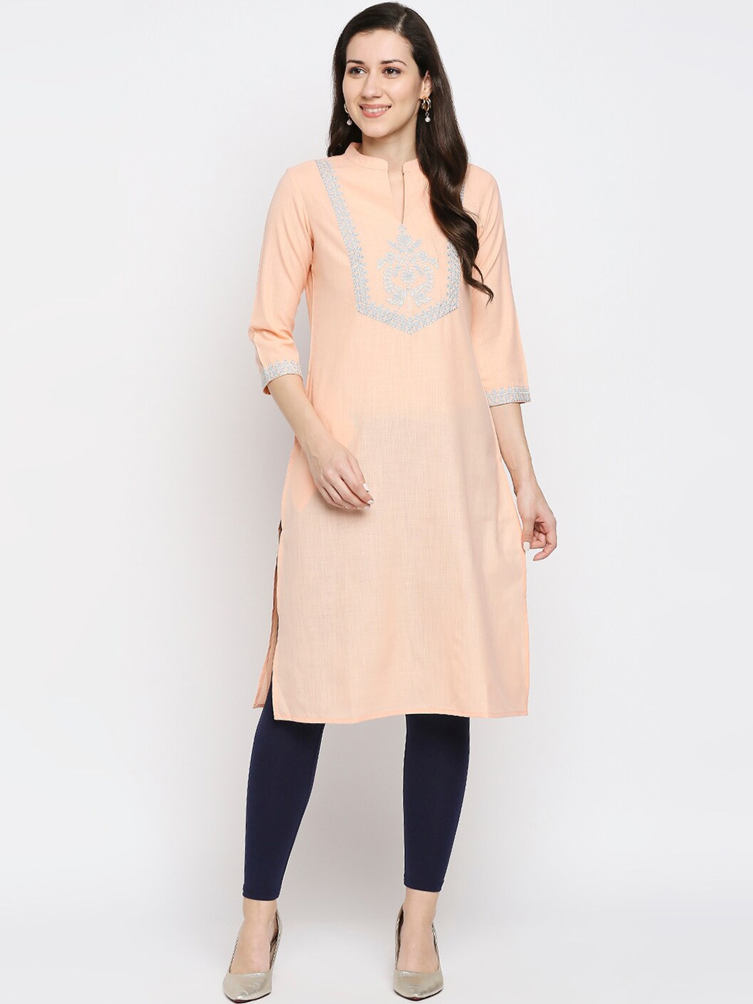 

Ethnicity Women Peach-Coloured Yoke Design Flared Sleeves Kurta