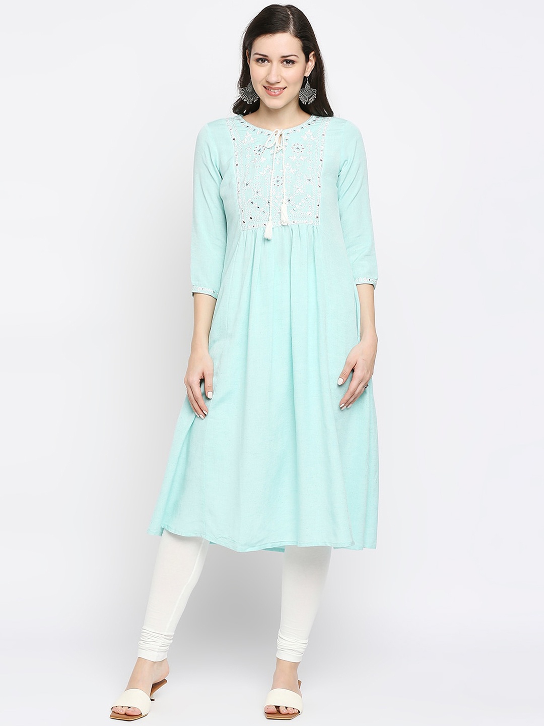 

Ethnicity Women Turquoise Blue Floral Embroidered Keyhole Neck Thread Work Anarkali Kurta