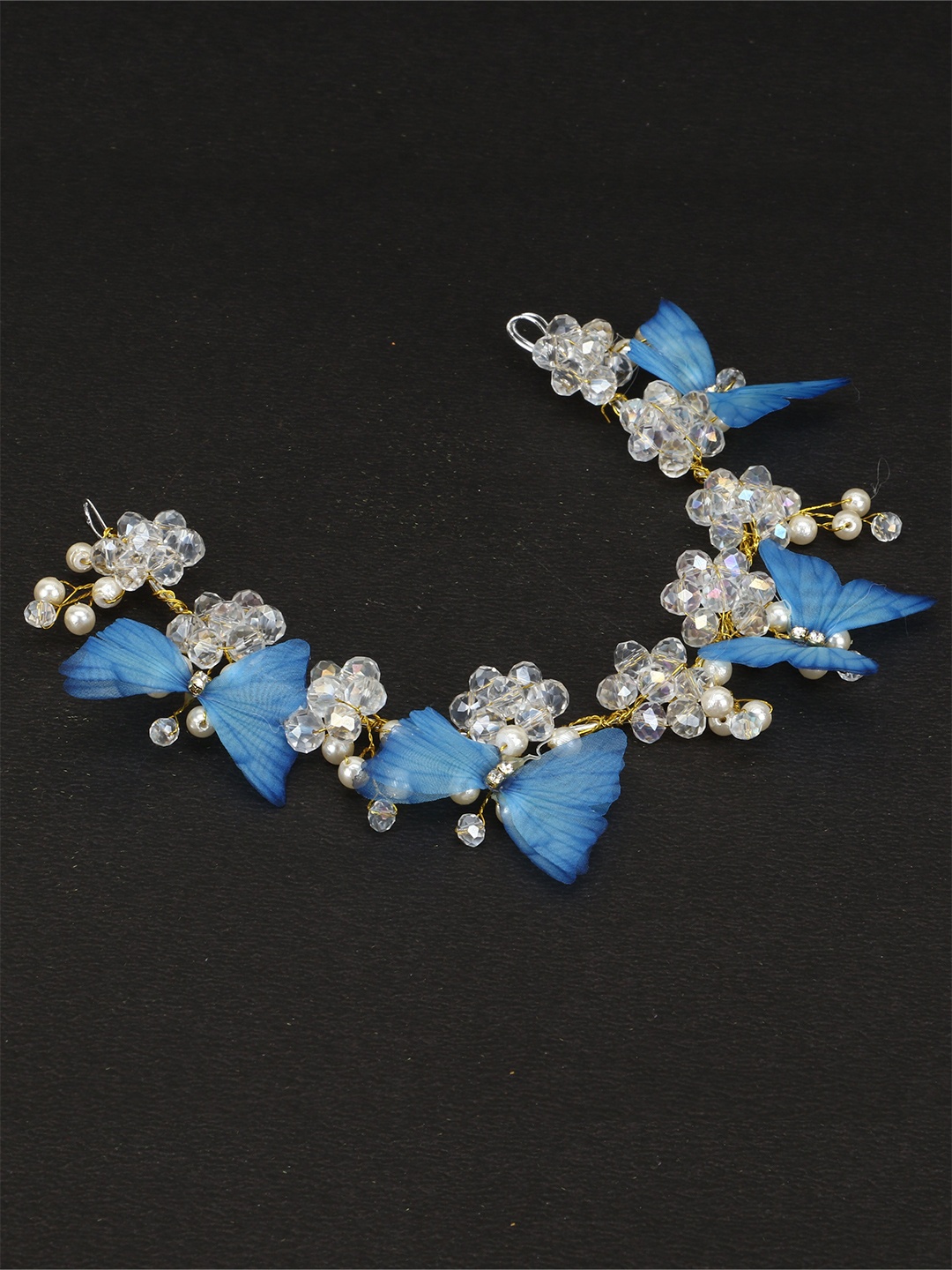 

VAGHBHATT Women Blue & White Gold-Toned Beaded Butterfly Shaped Tiara