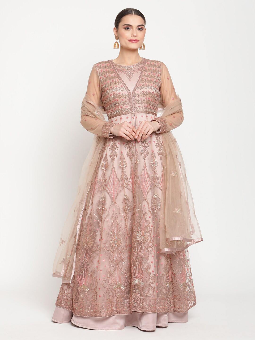 

Stylee LIFESTYLE Women Pink Net Embroidered Dress Material