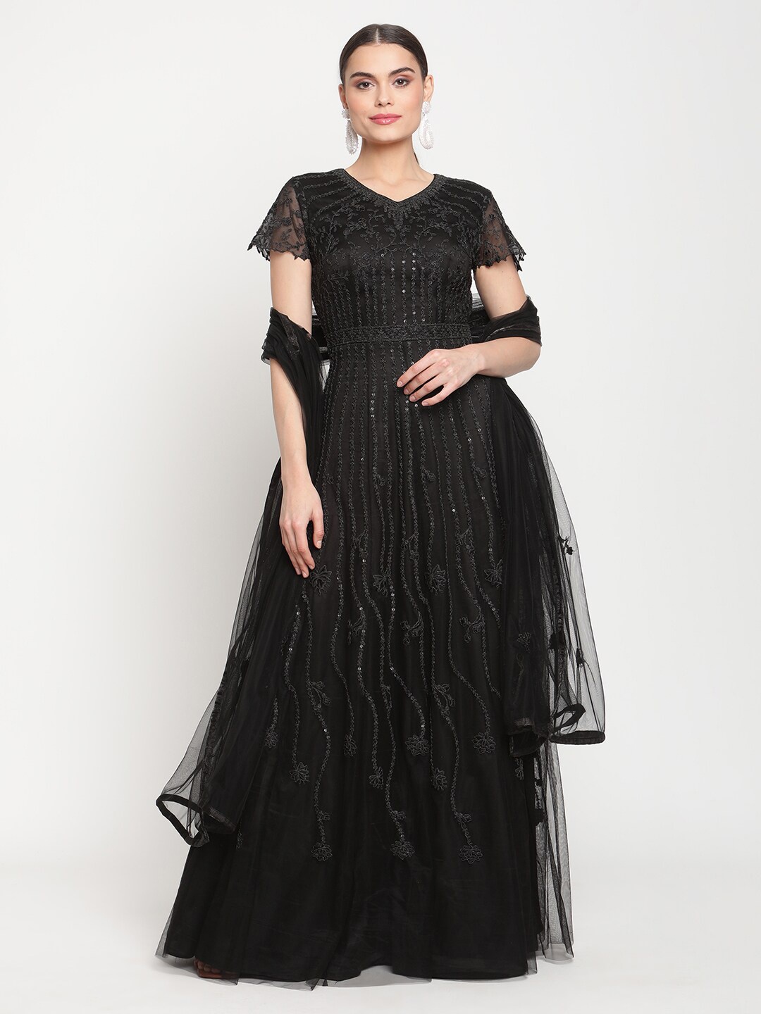 

Stylee LIFESTYLE Women Black Embroidered Net Semi-Stitched Dress Material