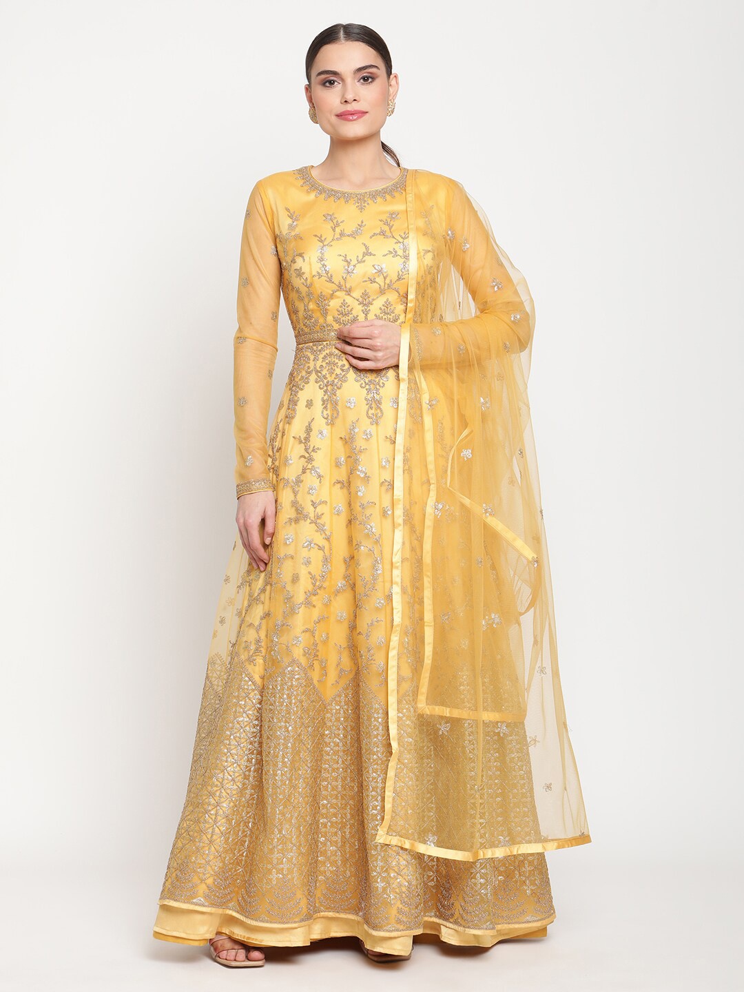 

Stylee LIFESTYLE Yellow & Gold Embroidered Semi-Stitched Dress Material