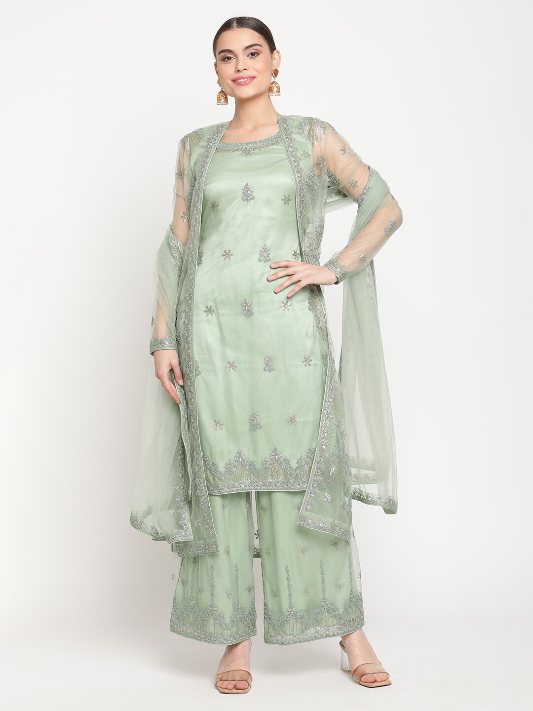 

Stylee LIFESTYLE Green & Silver-Toned Embroidered Semi-Stitched Dress Material