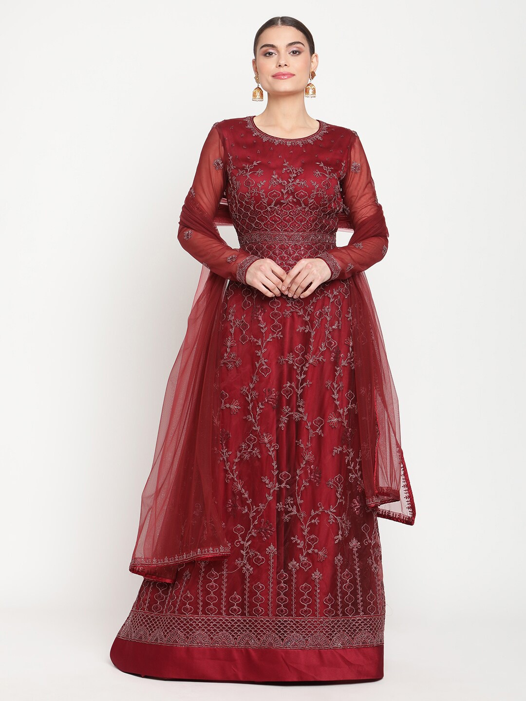 

Stylee LIFESTYLE Women Maroon Embroidered Net Semi-Stitched Dress Material