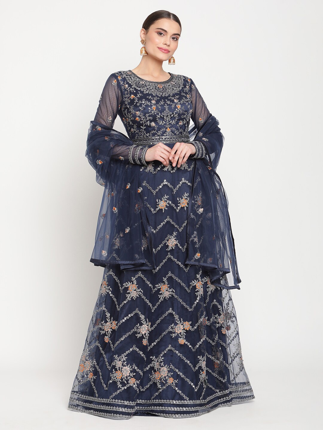 

Stylee LIFESTYLE Navy Blue & Silver-Toned Embroidered Semi-Stitched Dress Material