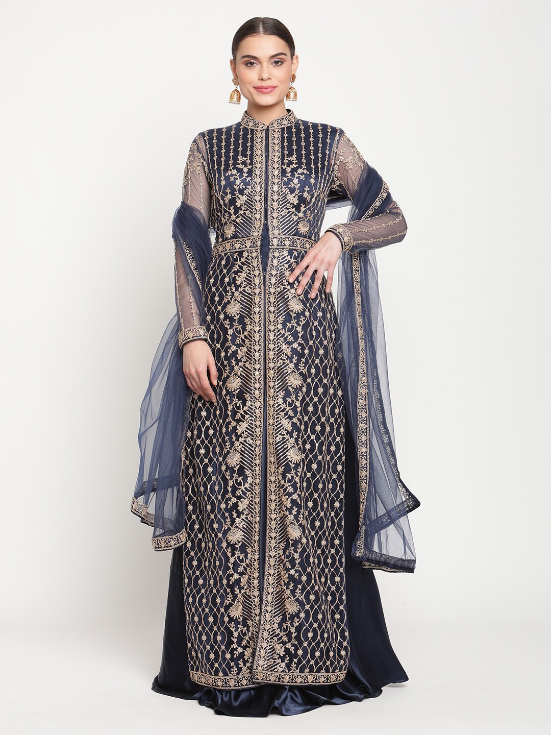 

Stylee LIFESTYLE Navy Blue & Gold-Toned Embroidered Semi-Stitched Dress Material