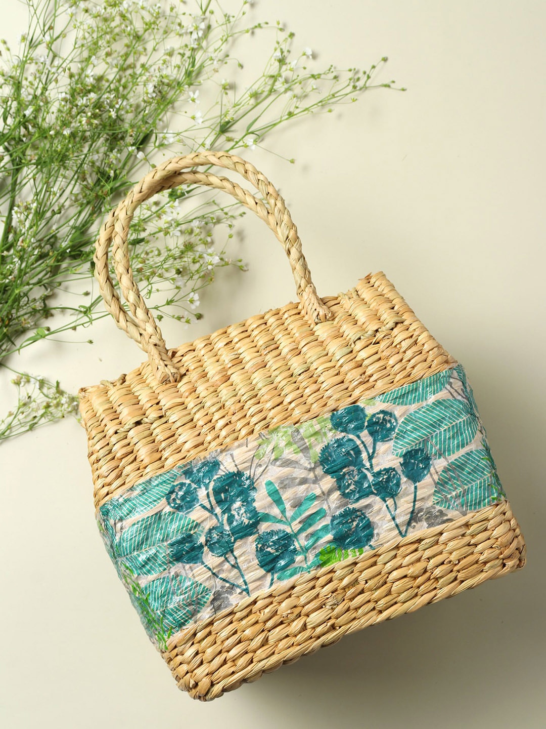 

HABERE INDIA Green & Beige Floral Printed Handcrafted Straw Storage Basket