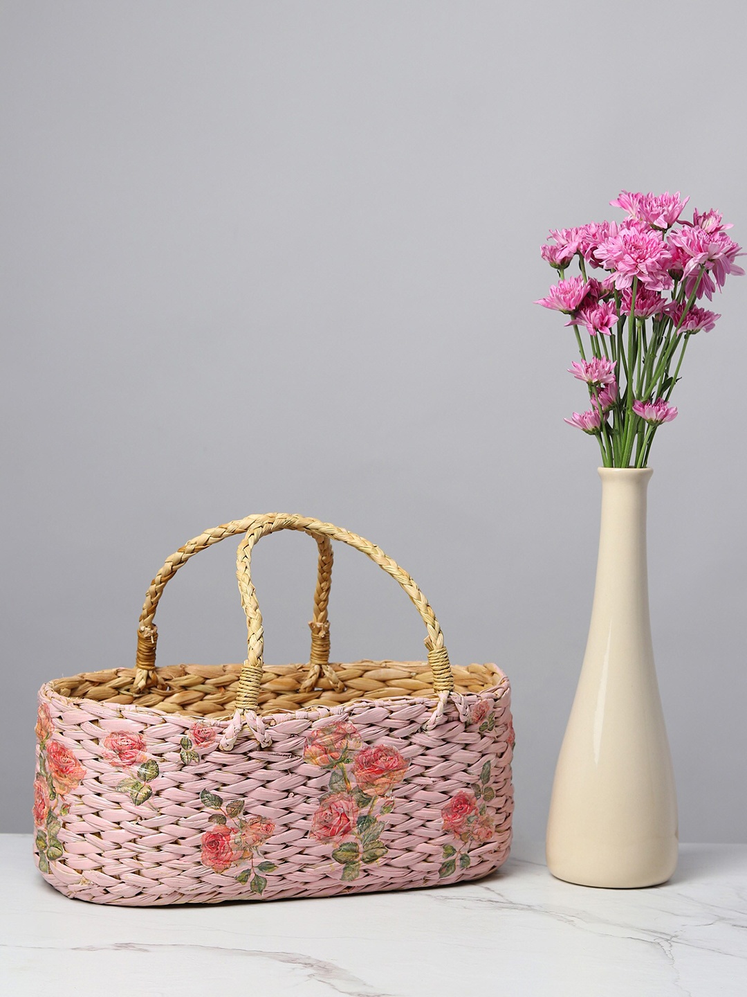 

HABERE INDIA Pink Woven Design Grass Storage Basket