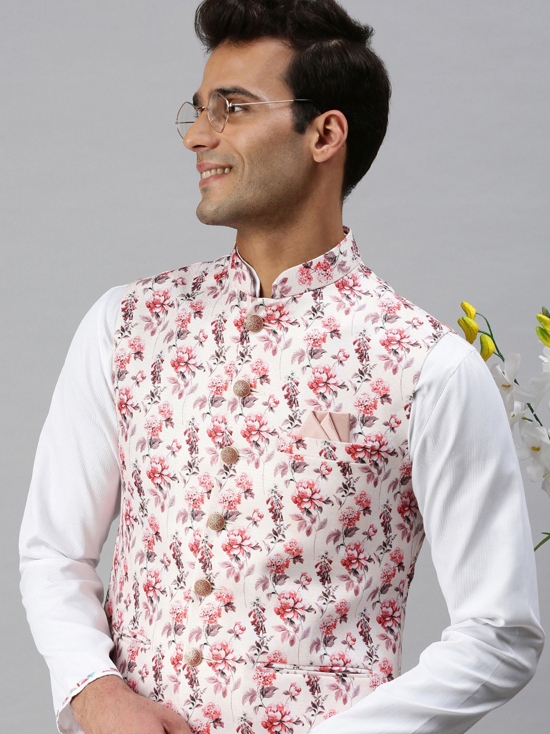 

SHOWOFF Men Pink & White Printed Nehru Jackets
