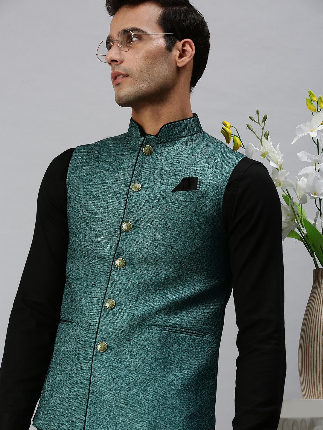 

SHOWOFF Men Green Woven-Design Jute Cotton Nehru Jacket