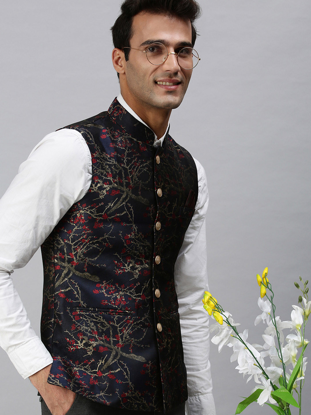 

SHOWOFF Men Navy Blue Printed Nehru Jackets