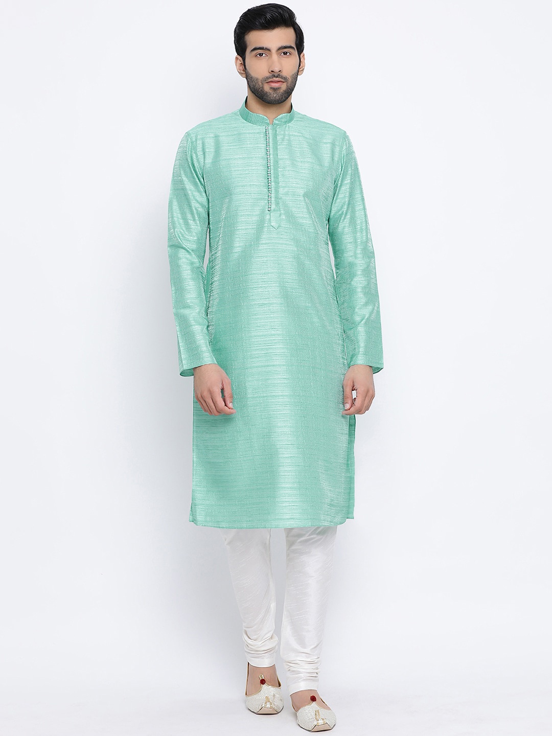 

NAMASKAR Men Green Solid Silk Kurta with Churidar