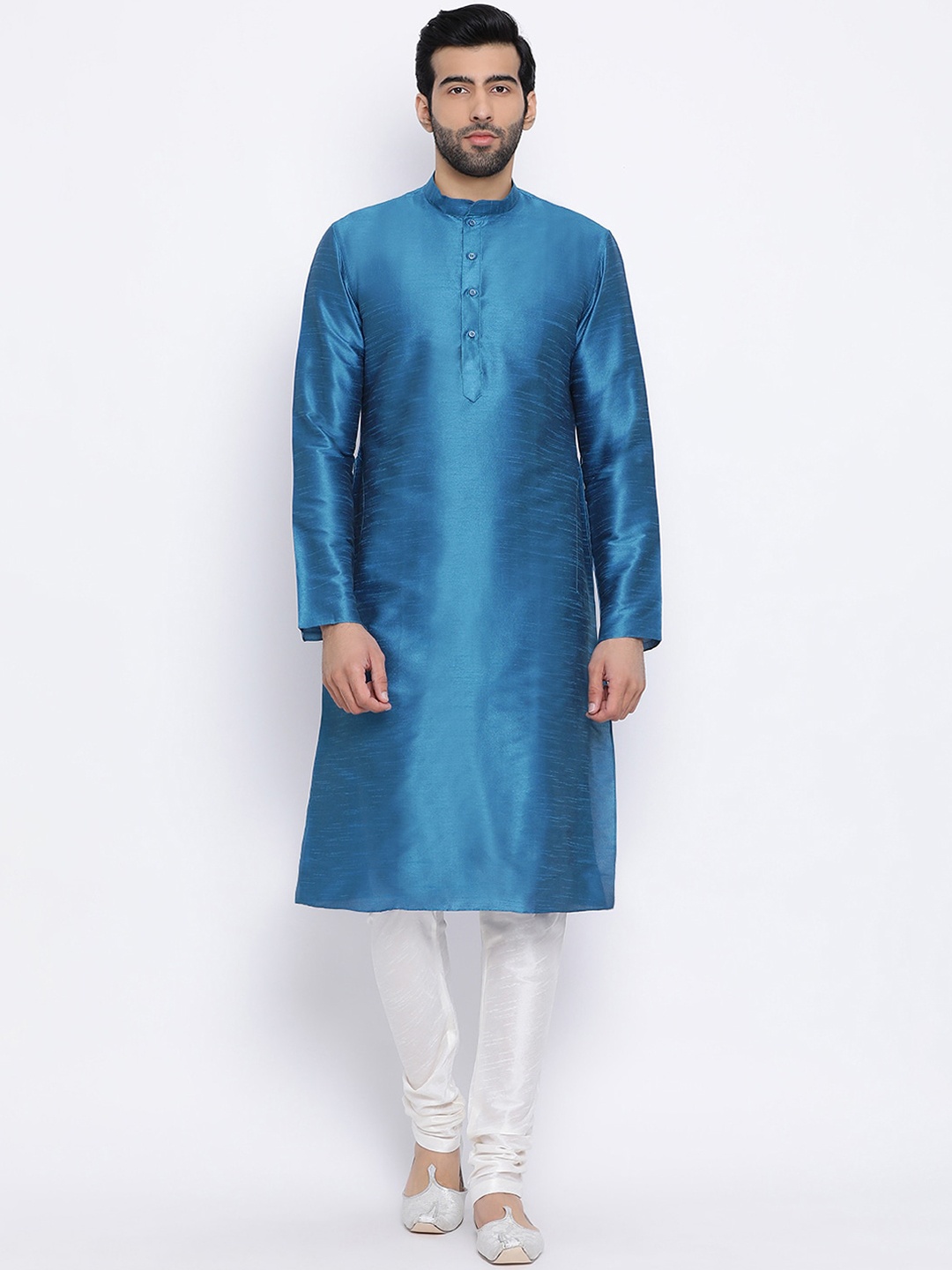

NAMASKAR Men Blue Solid Dupion Silk Kurta with Churidar
