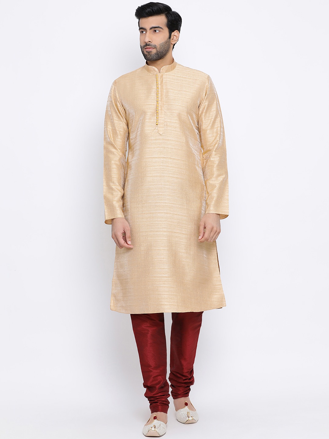 

NAMASKAR Men Brown Solid Silk Kurta with Churidar