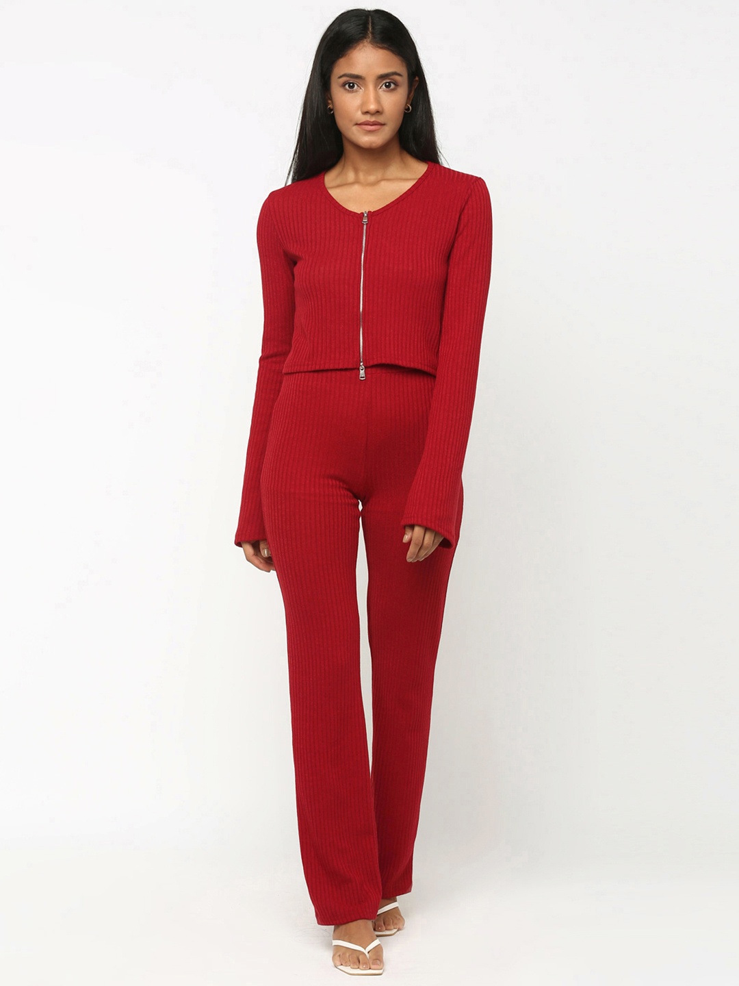 

JerfSports Women Maroon Ribbed Top with Trousers