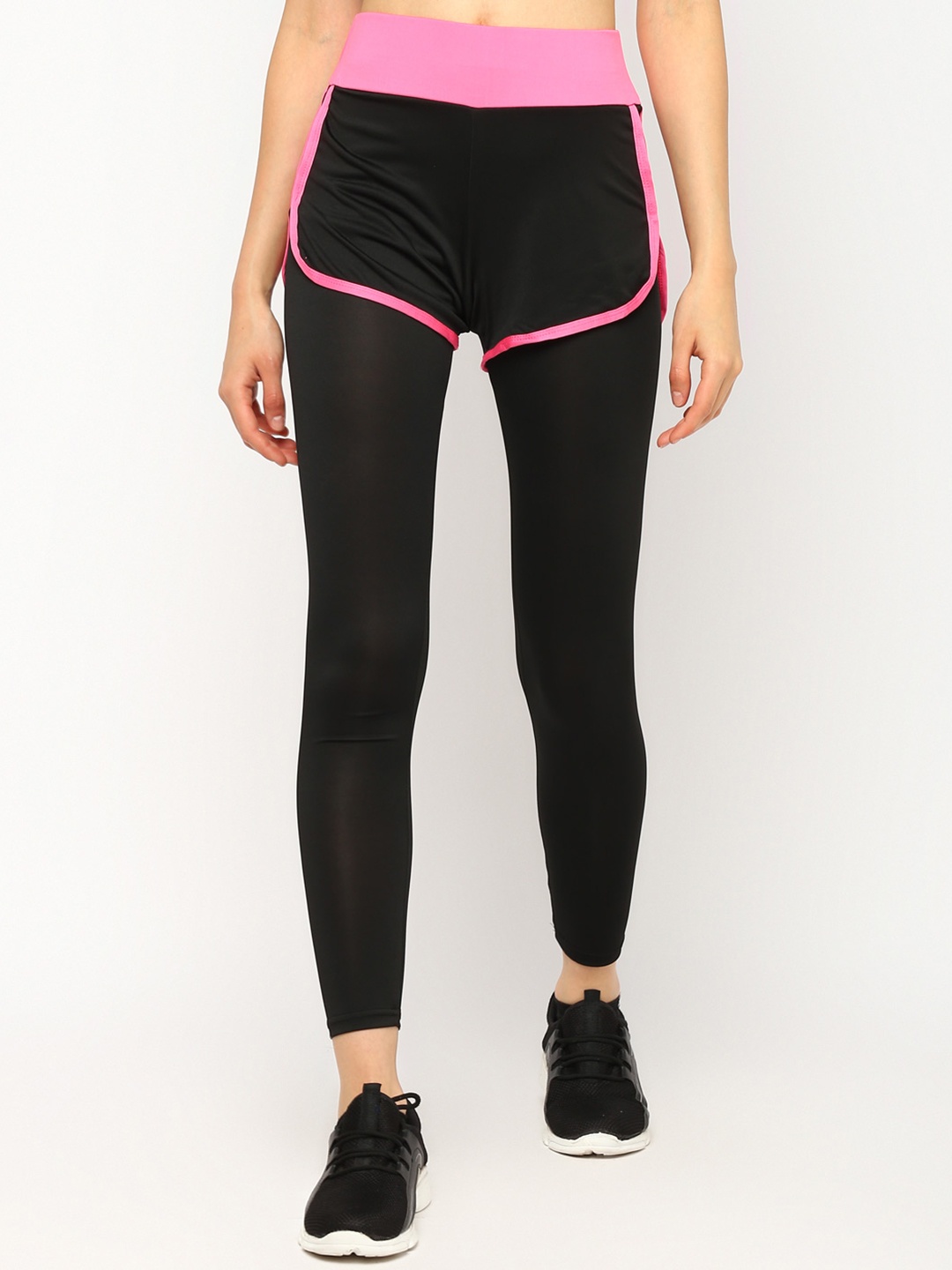 

JerfSports Women Black Solid Tights With Attached Shorts