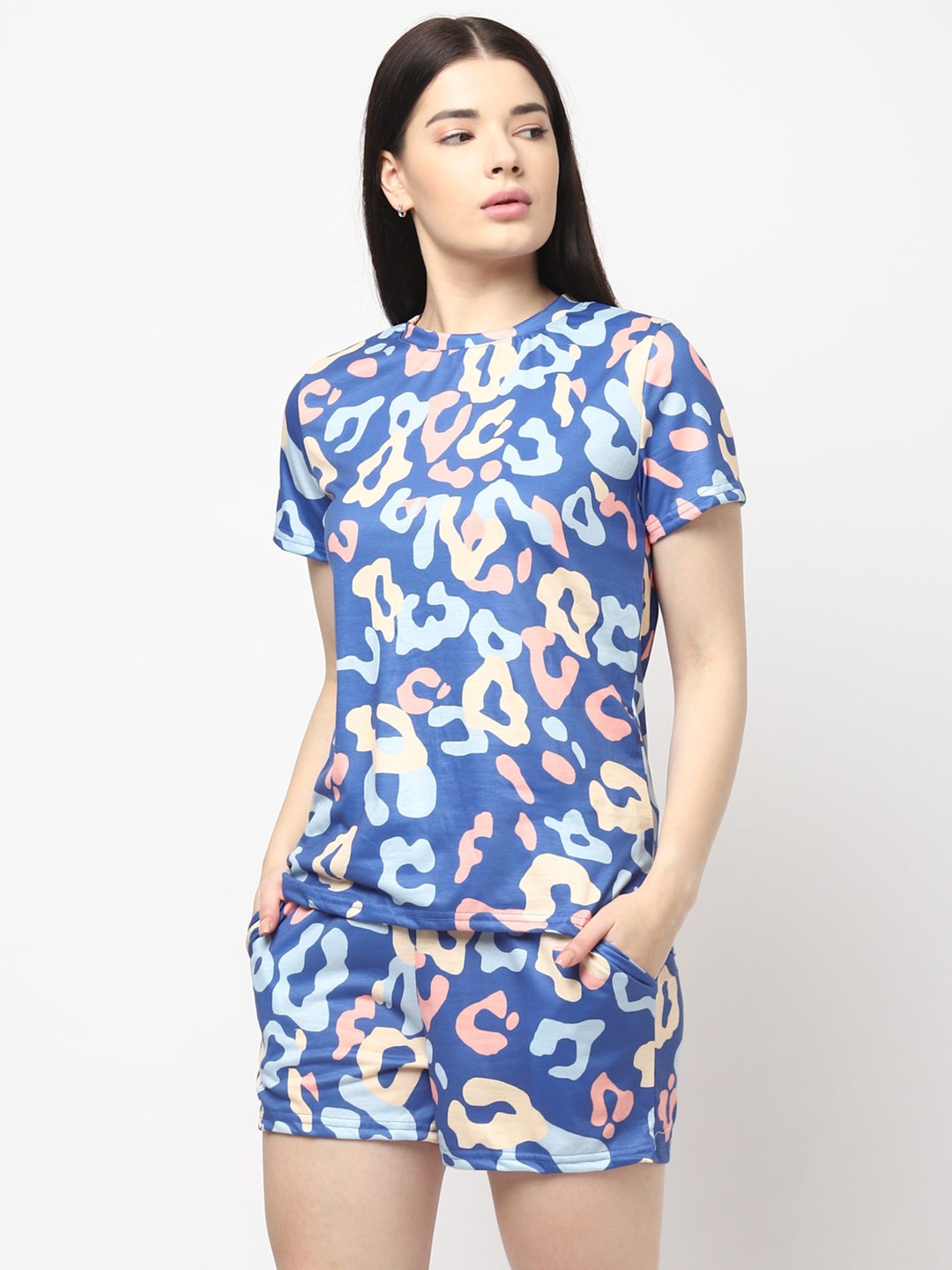

JerfSports Women Blue & Yellow Abstract Print T-shirt with Shorts