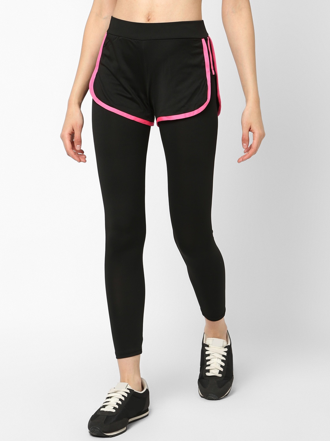 

JerfSports Women Black Solid Tights With Attached Shorts