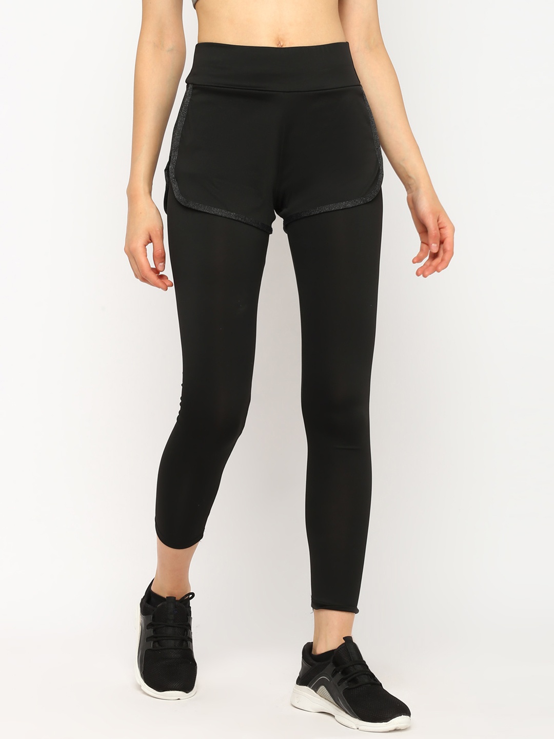 

JerfSports Women Black Solid Tights With Attached Shorts
