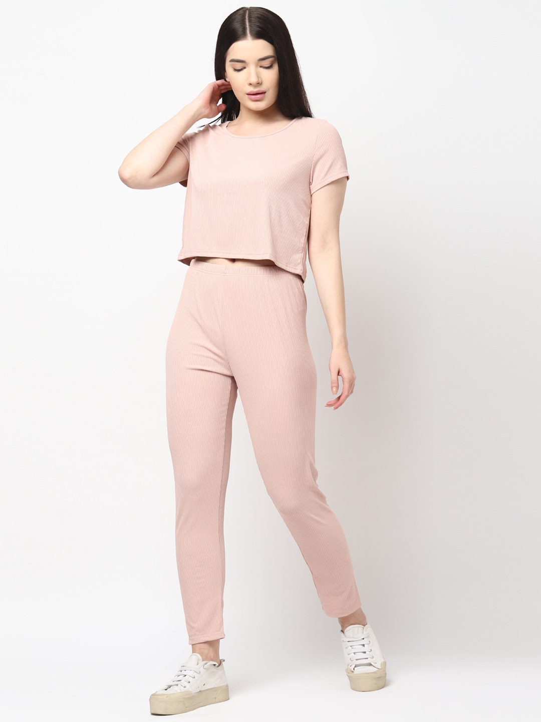 

JerfSports Women Pink Ribbed Co-Ord Set