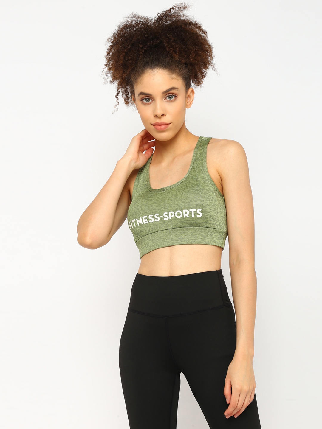 

JerfSports Olive Green Typography Sports Bra With Melange Effect