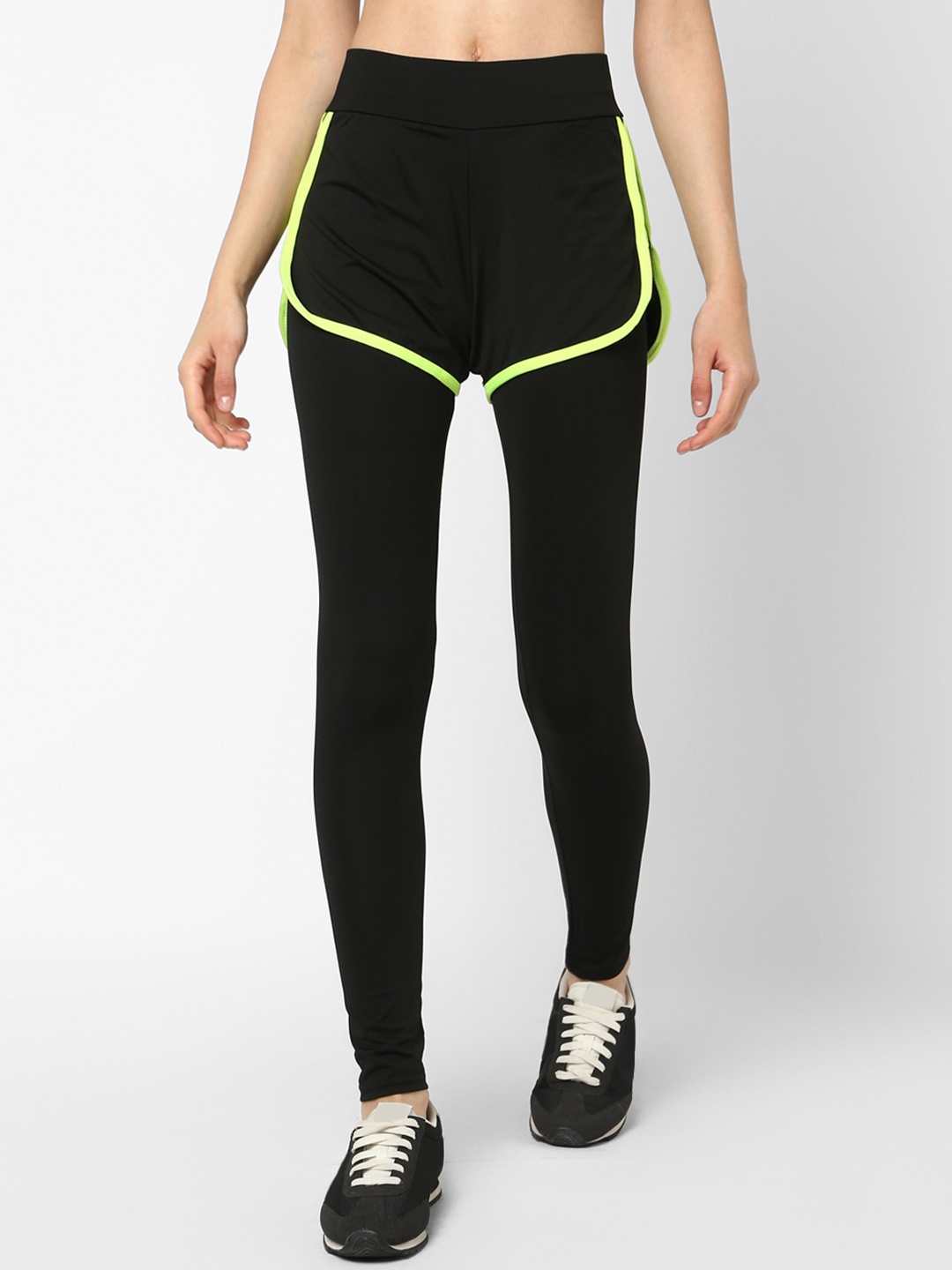 

JerfSports Women Black Solid Tights With Attached Shorts