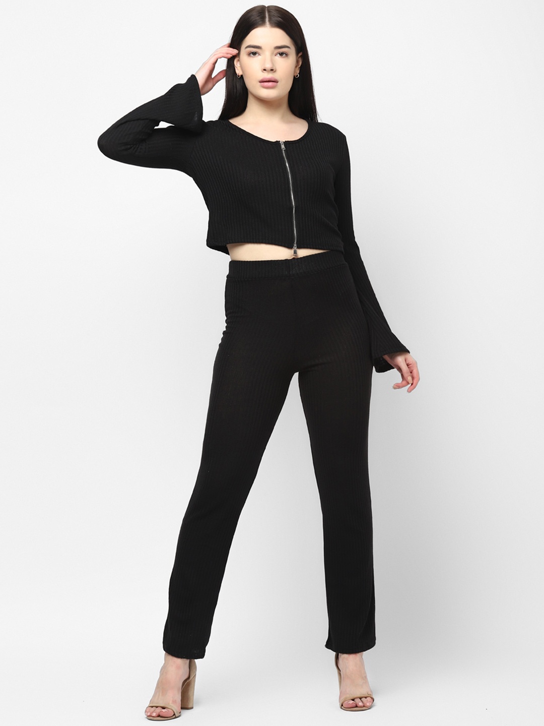 

JerfSports Women Black Ribbed Top & Trousers Set