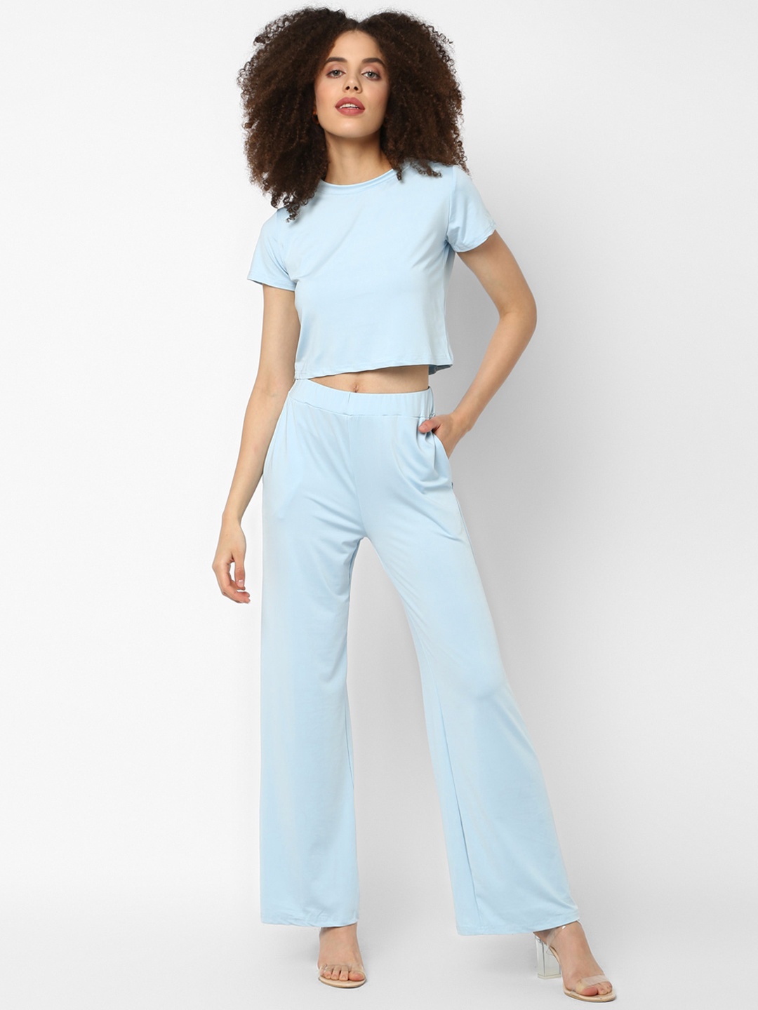 

JerfSports Women Blue Solid T-shirt & Trousers Set