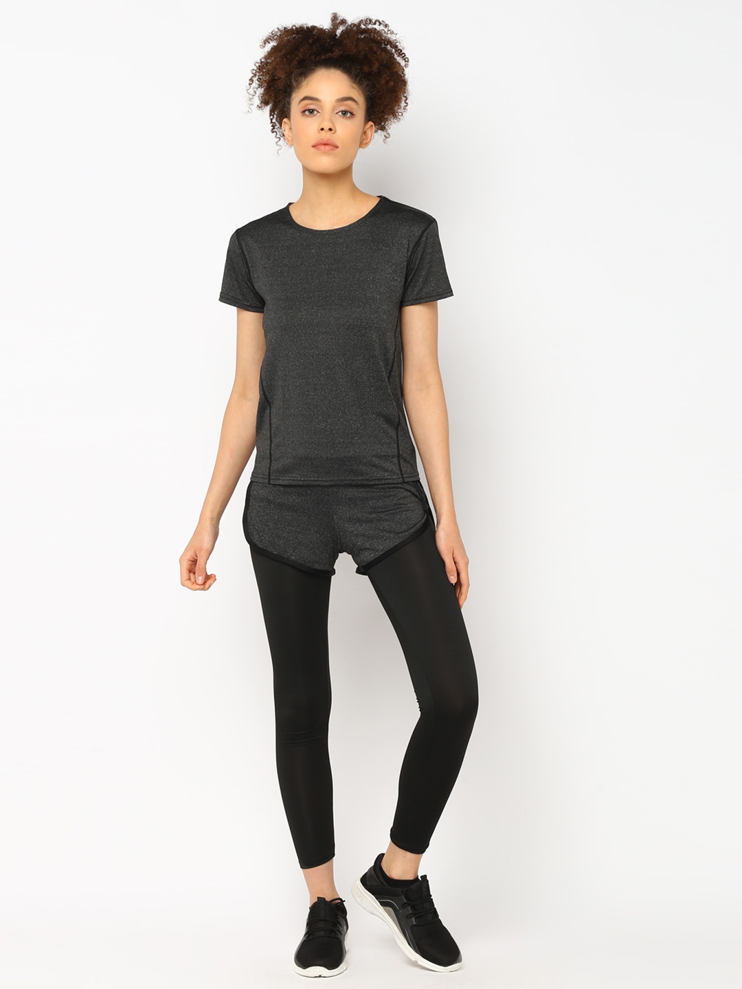 

JerfSports Women Charcoal Grey & Black Solid T-shirt & Shorts with Attached Tights Set