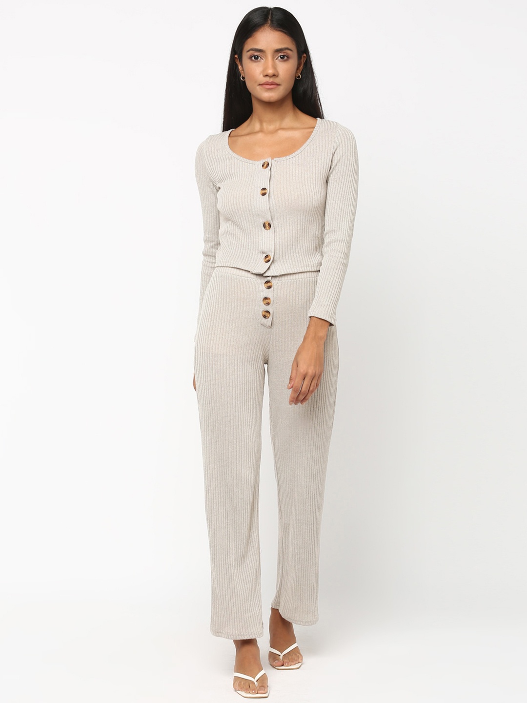 

JerfSports Women Grey Ribbed Top with Trousers Set