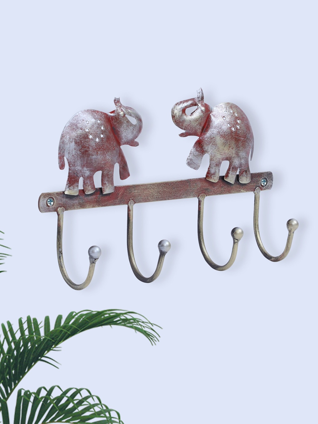 

vedas Red & Metallic-Toned Textured U-Welcome Elephant Key Holder