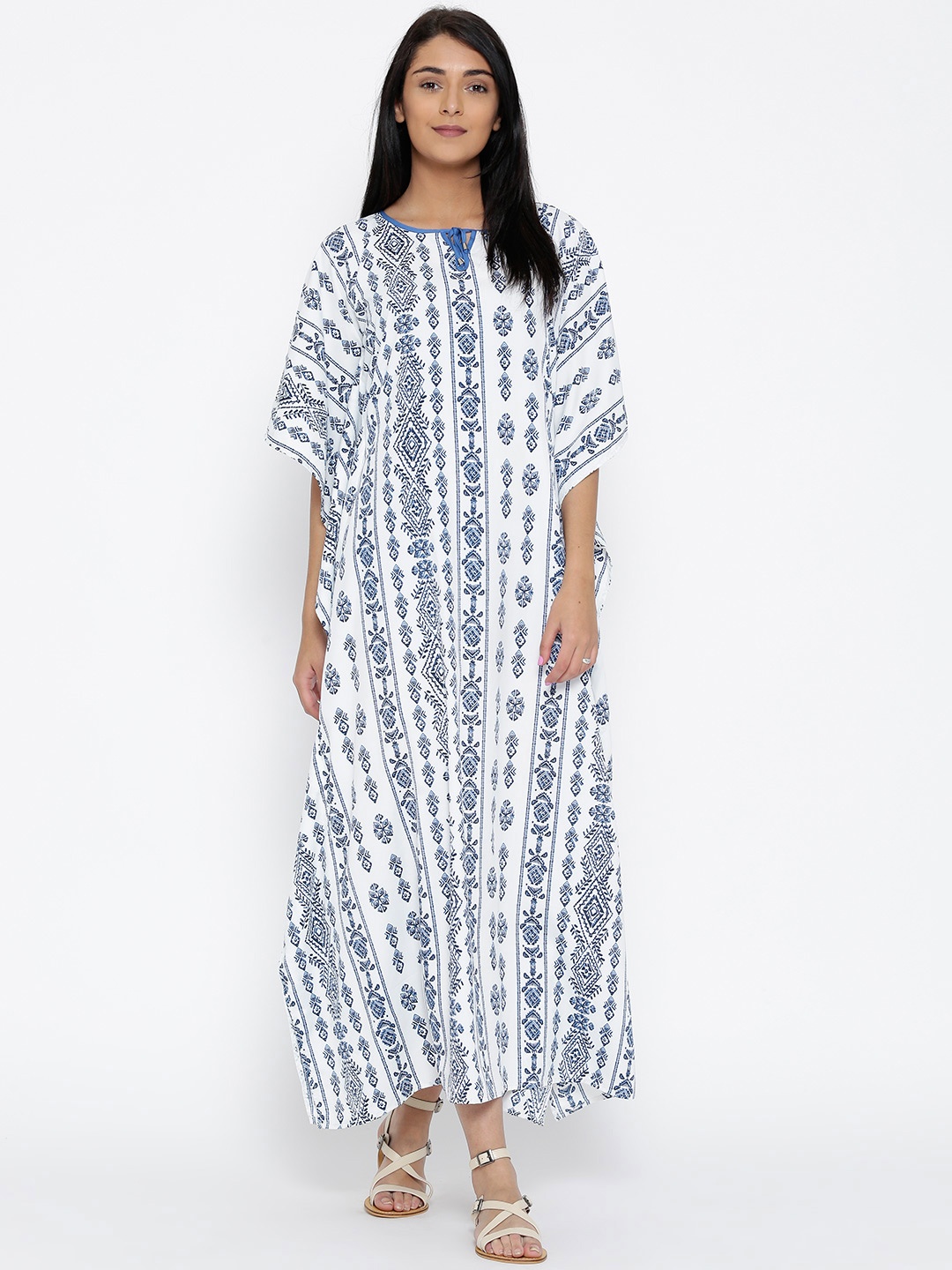 

The Kaftan Company Women White & Blue Printed Kaftan Maxi Dress