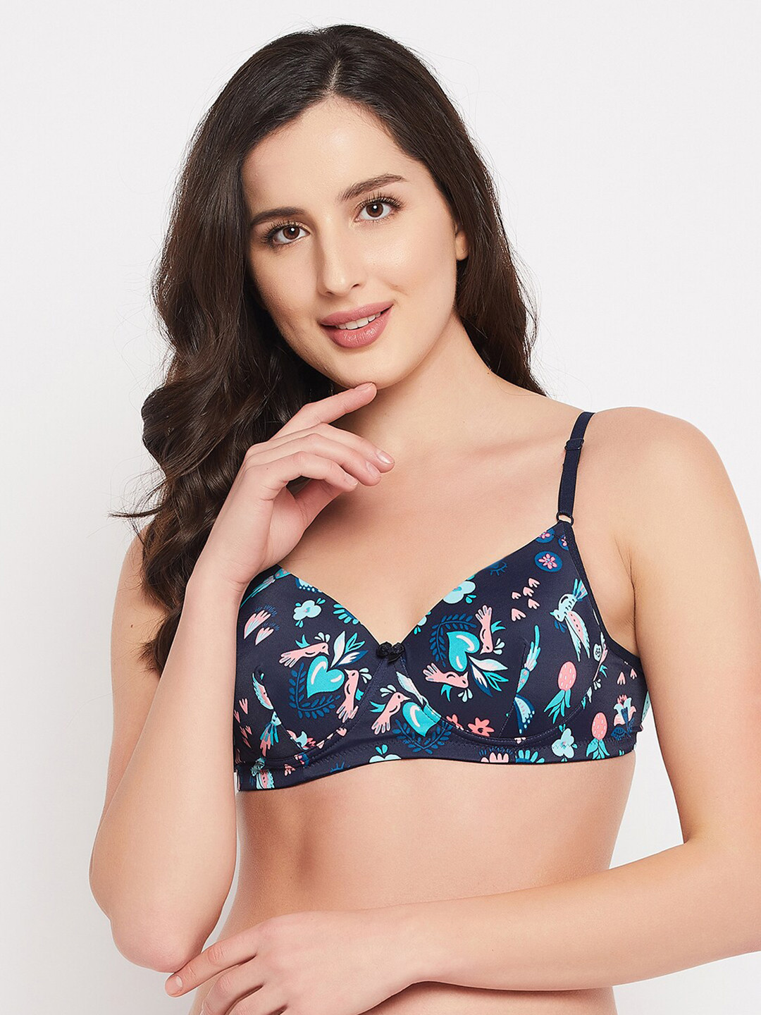 

Clovia Blue & Pink Graphic Printed Lightly Padded Seamless T-shirt Bra